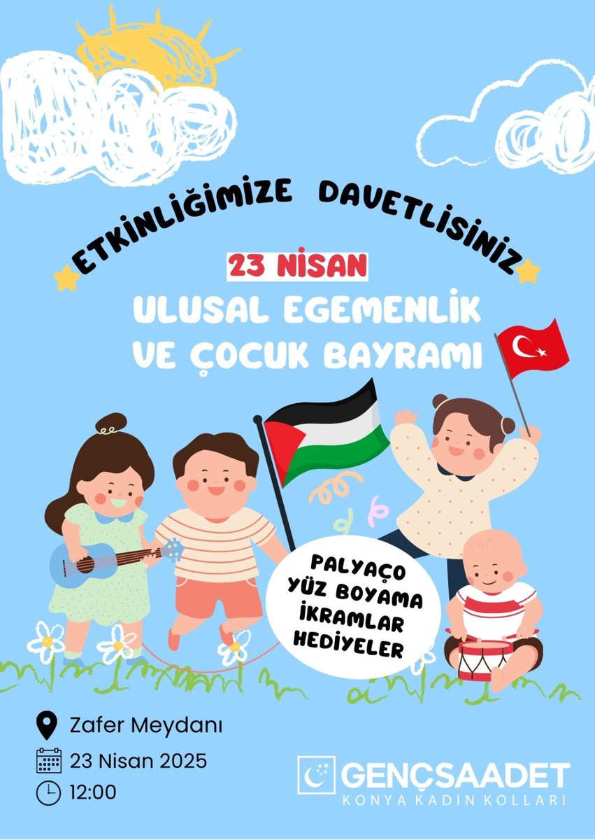 23 Nisan etkinliğimize tüm çocuklarımız davetlidir.

23 Nisan Çarşamba
📍Zafer Meydanı
🕛12. 00

#23Nisan