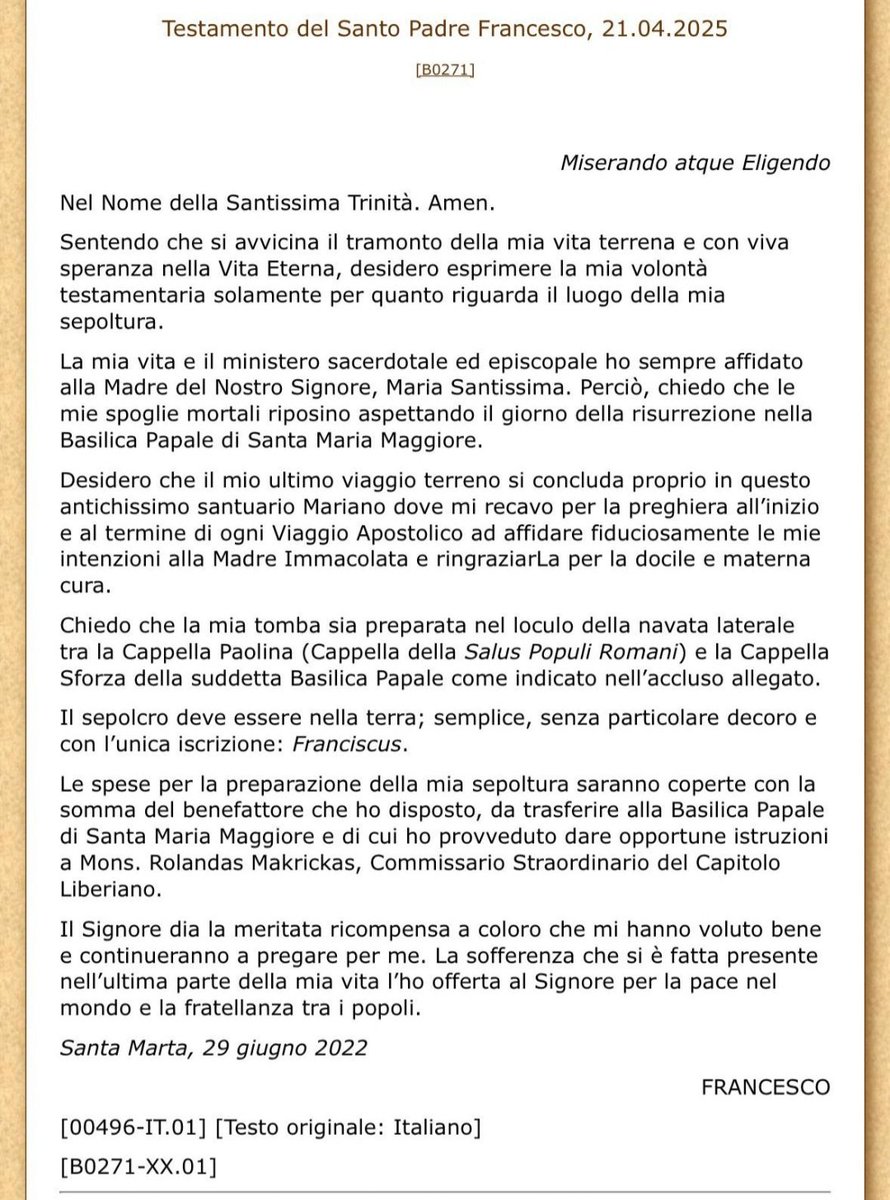 EcEnDirecto's tweet photo. #URGENTE 
"El #sepulcro debe estar en la tierra; sencillo, sin decoración particular y con la única inscripción: Franciscus", reveló el #testamento del papa Francisco, junto con las indicaciones a seguir tras su fallecimiento y la gratitud hacia sus fieles. https://t.co/rWH5w6nDAt