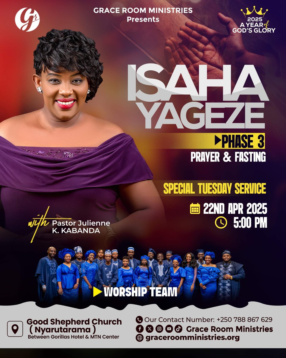 GraceRoom's tweet photo. Join us for our Special Tuesday Service at 5:00pm. Invite your loved ones along to experience a New Wave! Come expectant, Christ is doing something new.
#PastorJulienneKabanda
#GraceRoomMinistries
#IsahaYageze
#Victory
#ChristIsAlive
#FaceToFace
#OperationWithin
#DaysOfThanksGiving
#TujyeGushima
#Mfitelshimwe