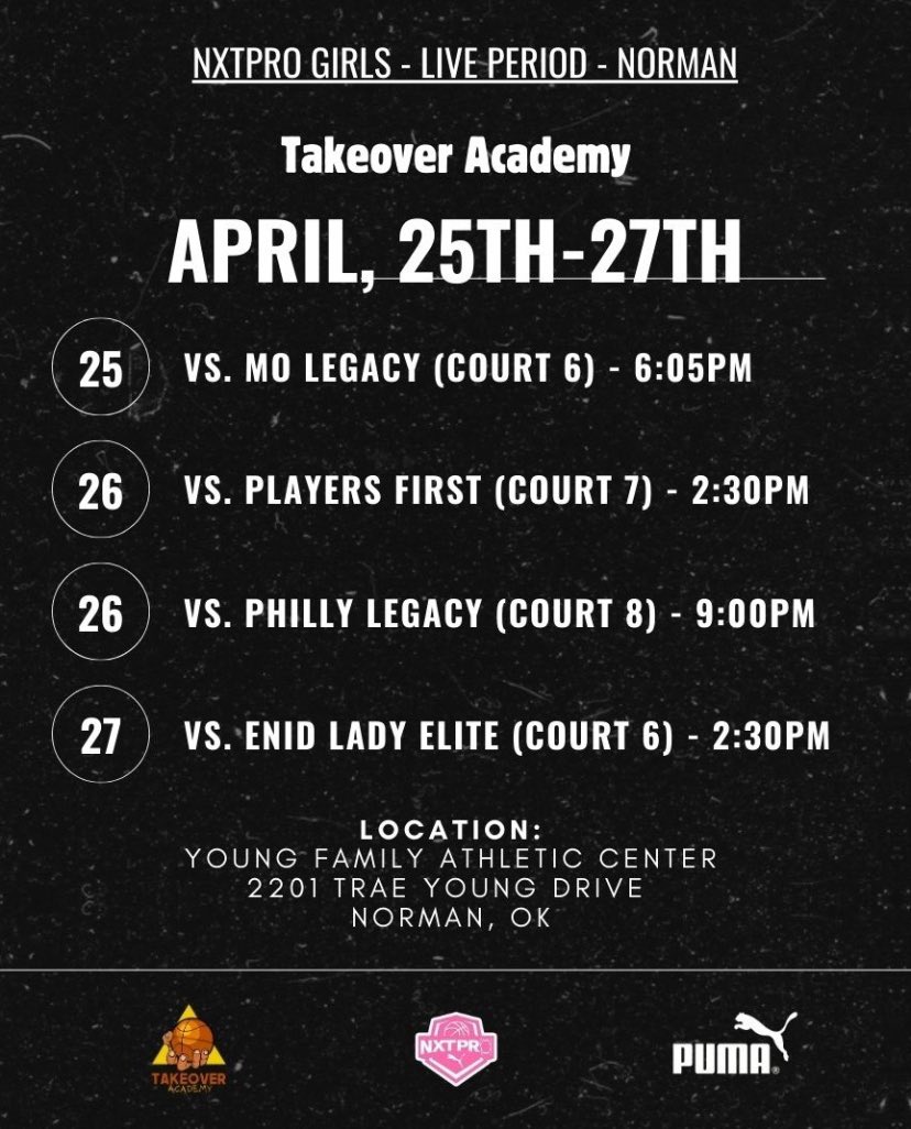 Excited to take part in the first <a href="/PRO16G/">NXTPRO Girls League</a> Live event this weekend in Norman, Oklahoma! Coaches, be sure to come check out our <a href="/takeover2027/">Takeover Academy 2027</a> squad!
#takeoveracademy2027 #isochyloh🏀