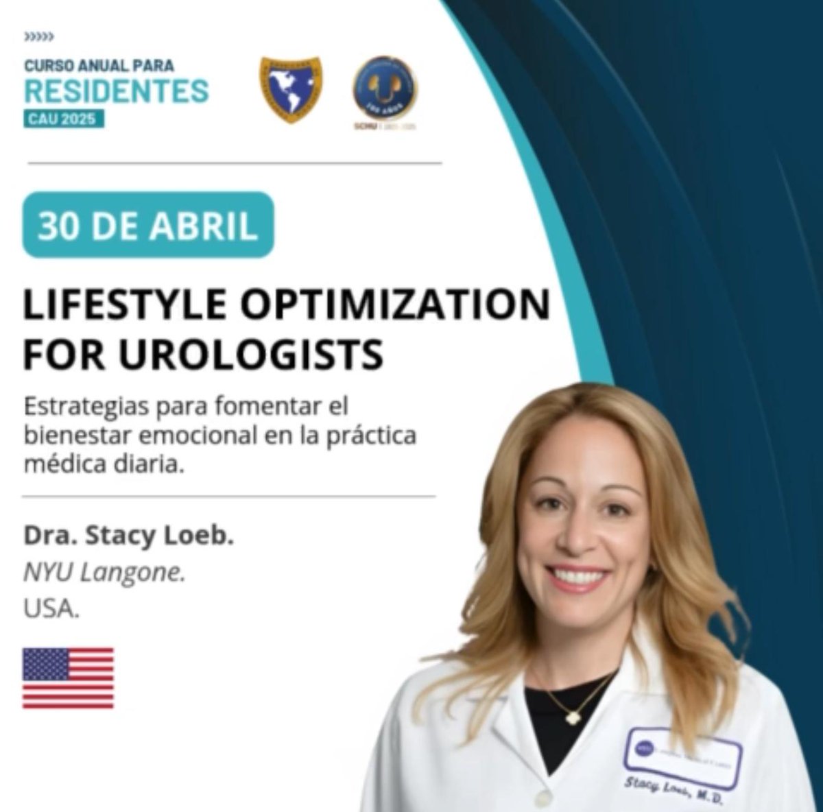 No te pierdas la charla de la Dra. Stacy Loeb (NYU Langone, USA) este 30 de abril en el Curso Anual para Residentes CAU-SCHU 2025.
Tema: Lifestyle Optimization for Urologists
Bienestar emocional en la práctica médica diaria.

Inscripción link: us06web.zoom.us/webinar/regist…

<a href="/Urolchi/">Sociedad Chilena de Urología</a>