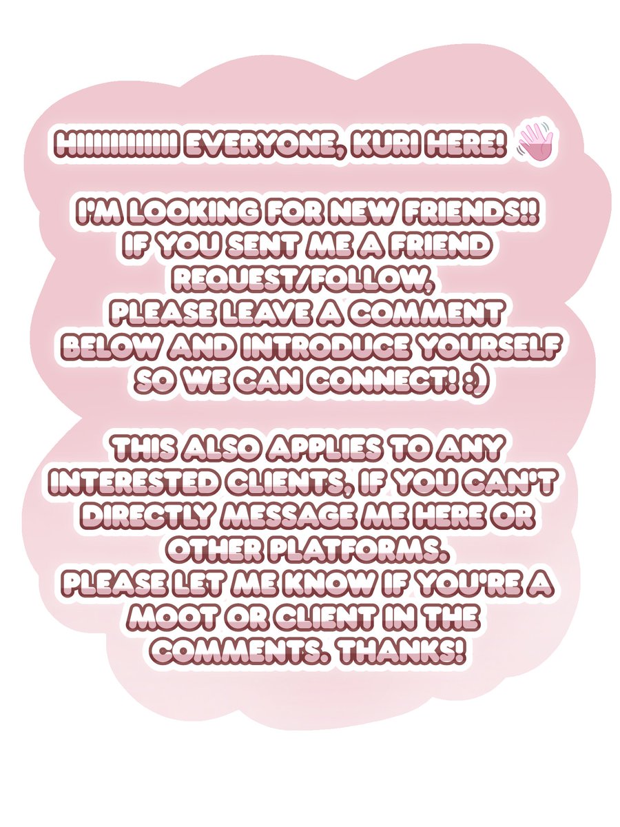 Building a friendly and supportive community!  Let's connect if you've sent a friend request or are a potential client.  Looking forward to hearing from you! 🤗 #artmoots #commissionsopen