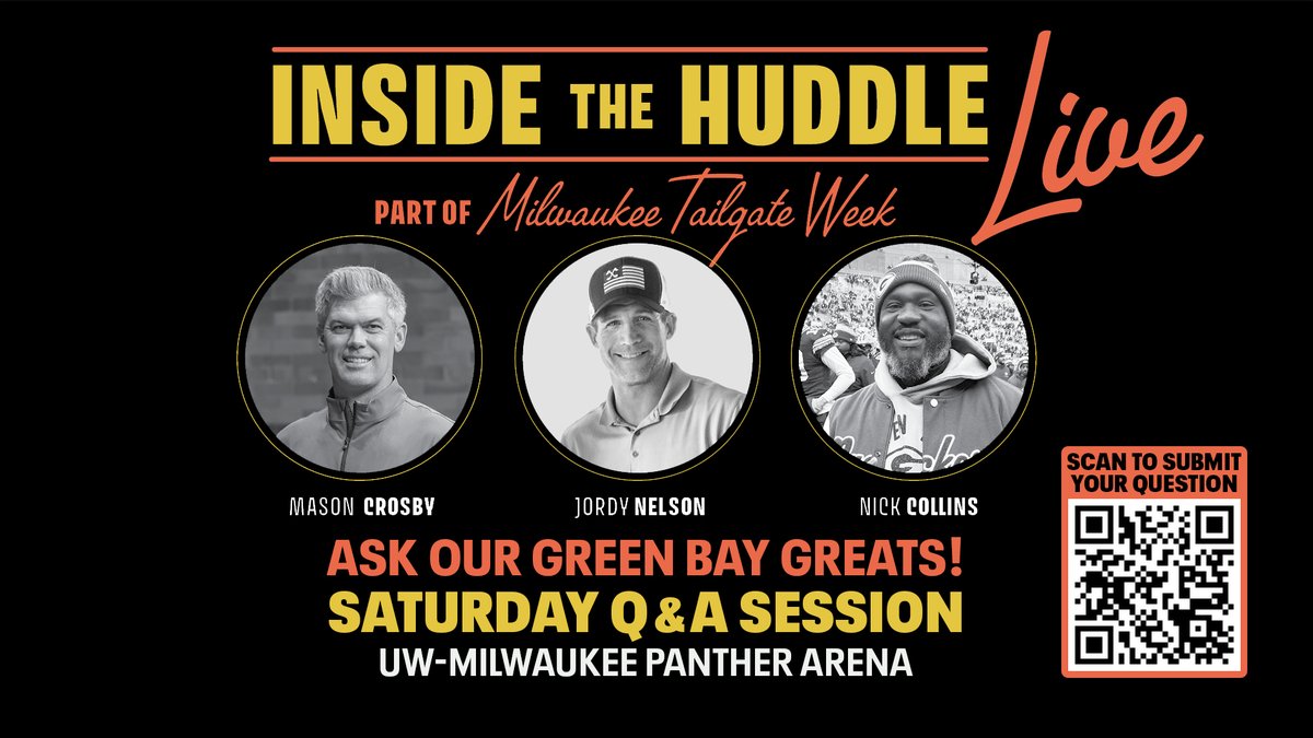 We are looking forward to hosting post-show Q&amp;A as part of Saturday's Tailgate Week special taping at <a href="/UWMPantherArena/">UWM Panther Arena</a> of <a href="/ITHDonaldDriver/">Inside the Huddle</a> featuring <a href="/packers/">Green Bay Packers</a> <a href="/JordyRNelson/">Jordy Nelson</a>, <a href="/crosbykicks2/">Mason Crosby</a>, <a href="/nickthepick36/">Coach Nick Collins Sr</a>. Submit question at QR code below. <a href="/visitmilwaukee/">Visit Milwaukee</a> <a href="/CCHanan/">Claire Hanan</a> <a href="/potawatomi_mke/">Potawatomi Casino Hotel</a>
