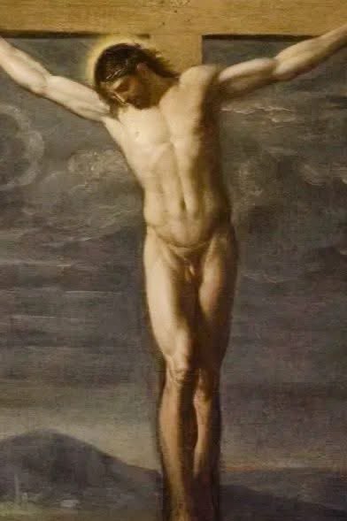 A Christ Crucified, 1640, by Alonso Cano, presents a rare representation of Christ crucified in the nude, devoid of any physical suffering. This small canvas, dated to around 1640, shortly after Cano's arrival in Madrid, showcases his distinctive style.