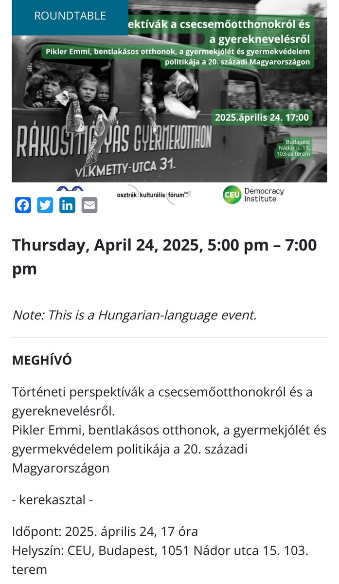Peto Andrea 🇦🇹🇭🇺🇪🇺 (@petoandrea) on Twitter photo Csütörtökön Budapesten. #theotherHungary, #myBudapest <a href="/CEUDemInst/">CEU Democracy Institute</a> Történeti perspektívák a csecsemőotthonokról és a gyereknevelésről: Pikler Emmi, bentlakásos otthonok, a gyermekjólét és gyermekvédelem politikája a 20. századi Magyarországon events.ceu.edu/2025-04-24/tor… Csütörtökön Budapesten. #theotherHungary, #myBudapest <a href="/CEUDemInst/">CEU Democracy Institute</a> Történeti perspektívák a csecsemőotthonokról és a gyereknevelésről: Pikler Emmi, bentlakásos otthonok, a gyermekjólét és gyermekvédelem politikája a 20. századi Magyarországon events.ceu.edu/2025-04-24/tor…