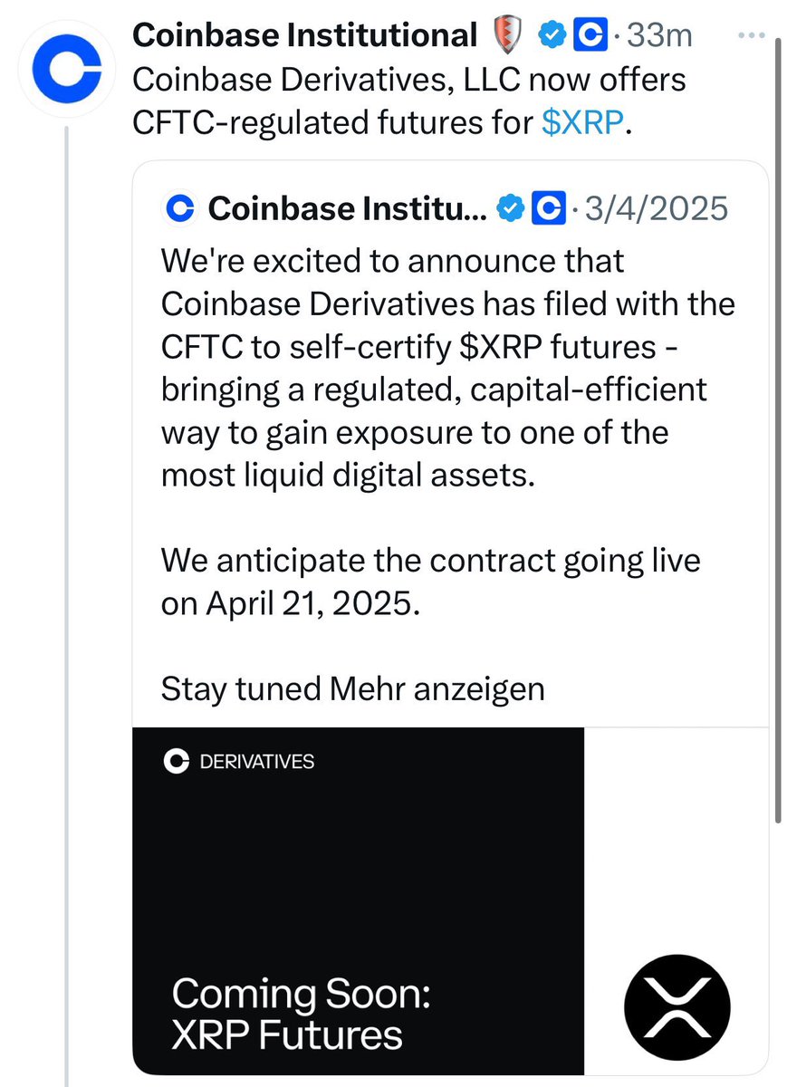 🚨BREAKING: Coinbase Derivatives, is thrilled to announce the launch of  CFTC-regulated futures for #XRP!