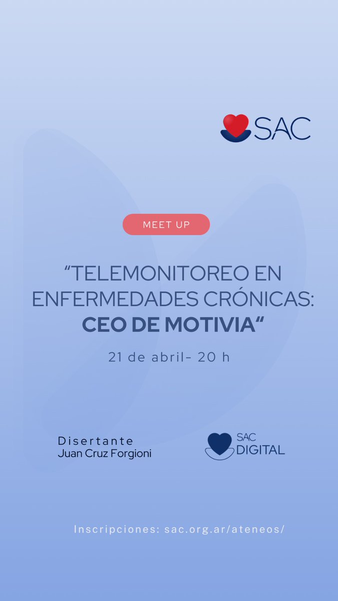 SaludDigitalSAC (@saluddigitalsac) on Twitter photo #Hoy en nuestro Meet Up vamos hablar de #Monitoreo en #Enfermedadescronicas !!
Es la nueva Era de la #InteligenciaArtificial
🗓 Hoy 21 Abril
⏰ 20 Hs
<a href="/MNBenzadon/">Mariano Benzadon</a>
<a href="/Solano13/">Sebastián Benitez</a>
<a href="/jorgelinamedus/">Jorgelina Medus</a>
<a href="/drnicovecchio/">Dr. Nicolás Vecchio</a>
<a href="/CintoraImagenes/">Federico Cintora MD #ARG</a>
Inscribite 👇
sac.org.ar/sac-eventos/te… #Hoy en nuestro Meet Up vamos hablar de #Monitoreo en #Enfermedadescronicas !!
Es la nueva Era de la #InteligenciaArtificial
🗓 Hoy 21 Abril
⏰ 20 Hs
<a href="/MNBenzadon/">Mariano Benzadon</a>
<a href="/Solano13/">Sebastián Benitez</a>
<a href="/jorgelinamedus/">Jorgelina Medus</a>
<a href="/drnicovecchio/">Dr. Nicolás Vecchio</a>
<a href="/CintoraImagenes/">Federico Cintora MD #ARG</a>
Inscribite 👇
sac.org.ar/sac-eventos/te…