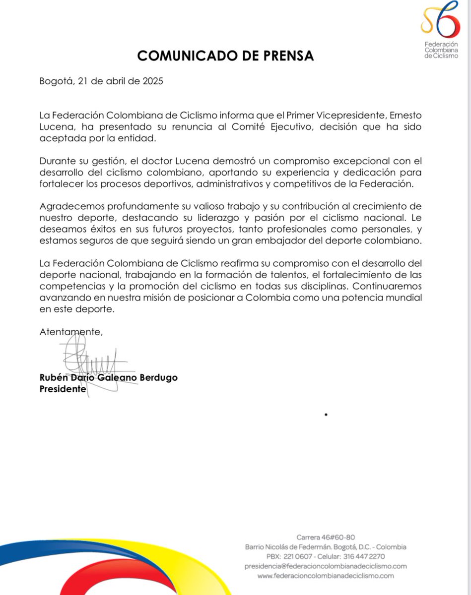 Ernesto Lucena renuncia al Comité Ejecutivo de la Federación Colombiana de Ciclismo.
Hace pocos minutos, la FCC compartió el comunicado oficial en el que confirma la salida.

Les comparto el comunicado completo: ⬇️📄