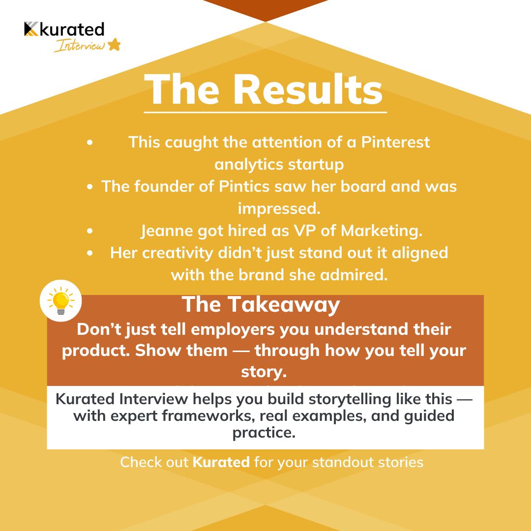 kuratedai's tweet image. She didn’t send a resume.
She made a Pinterest board.

Her creativity landed her a job — because her story was structured and aligned with the brand.

Kurated Interview helps you do the same.

🎯 kurated.ai
#BreakthroughStories #KuratedInterview #CreativeApplications