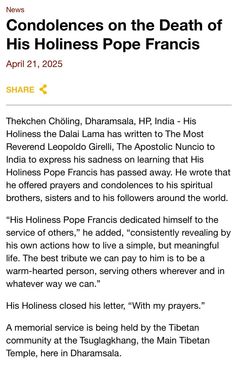 We join His Holiness the Dalai Lama and communities worldwide in expressing our deep condolences on the loss of a truly compassionate leader His Holiness Pope Francis.