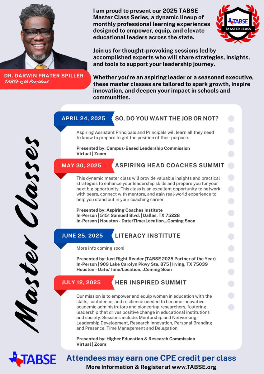 TABSE_Texas (@tabse_texas) on Twitter photo 🎓 Elevate your leadership with TABSE's Master Class Series! Engage in transformative learning & connect with fellow educators committed to equity & excellence. 
💻Register now: tabse.net/master-classes/ #TABSE #MasterClassSeries #EducationLeadership 🎓 Elevate your leadership with TABSE's Master Class Series! Engage in transformative learning & connect with fellow educators committed to equity & excellence. 
💻Register now: tabse.net/master-classes/ #TABSE #MasterClassSeries #EducationLeadership