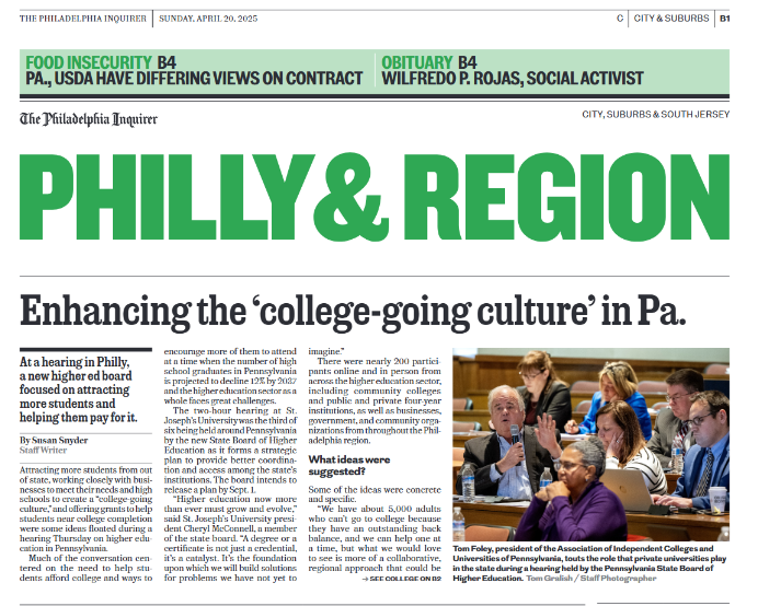 Sunday's print edition of the <a href="/PhillyInquirer/">The Philadelphia Inquirer</a> ran the SBHE story from Thursday, April 17, quoting #AICUP president Tom Foley, highlighting the important role of independent #nonprofit #colleges and #universities in #Pennsylvania. 

inquirer.com/education/stat…