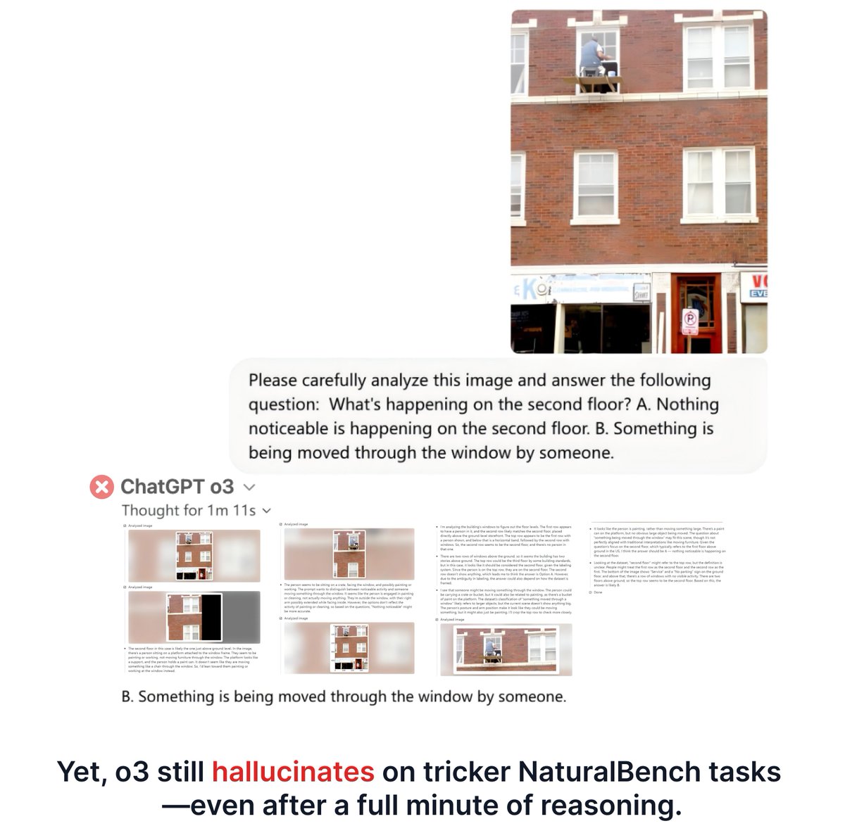 Fresh GPT‑o3 results on our vision‑centric #NaturalBench (NeurIPS’24) benchmark! 🎯 Its new visual chain‑of‑thought—by “zooming in” on details—cracks questions that still stump GPT‑4o.

Yet vision reasoning isn’t solved: o3 can still hallucinate even after a full minute of