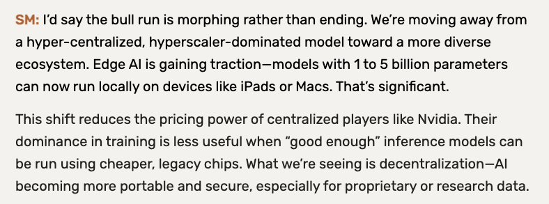 "Edge AI is gaining traction-models with 1 to 5 billion parameters can now run locally on devices like iPads and Macs."

"What we're seeing is decentralization—AI becoming more portable and secure"

stray-reflections.com/articles/macro… <a href="/jsmian/">Jawad Mian</a>