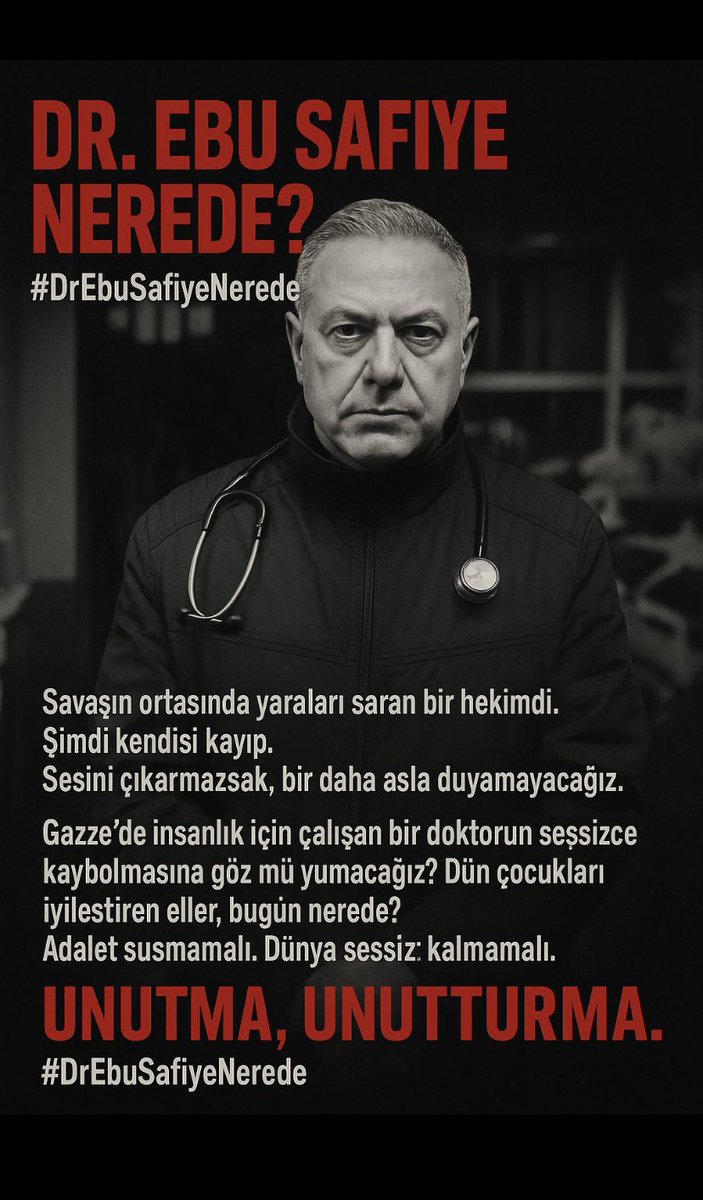 Dr. Ebu Safiye Nerede?
Alıntıla devam ettir.

#DrEbuSafiyeNerede
#FreeDrHussamAbuSafiya