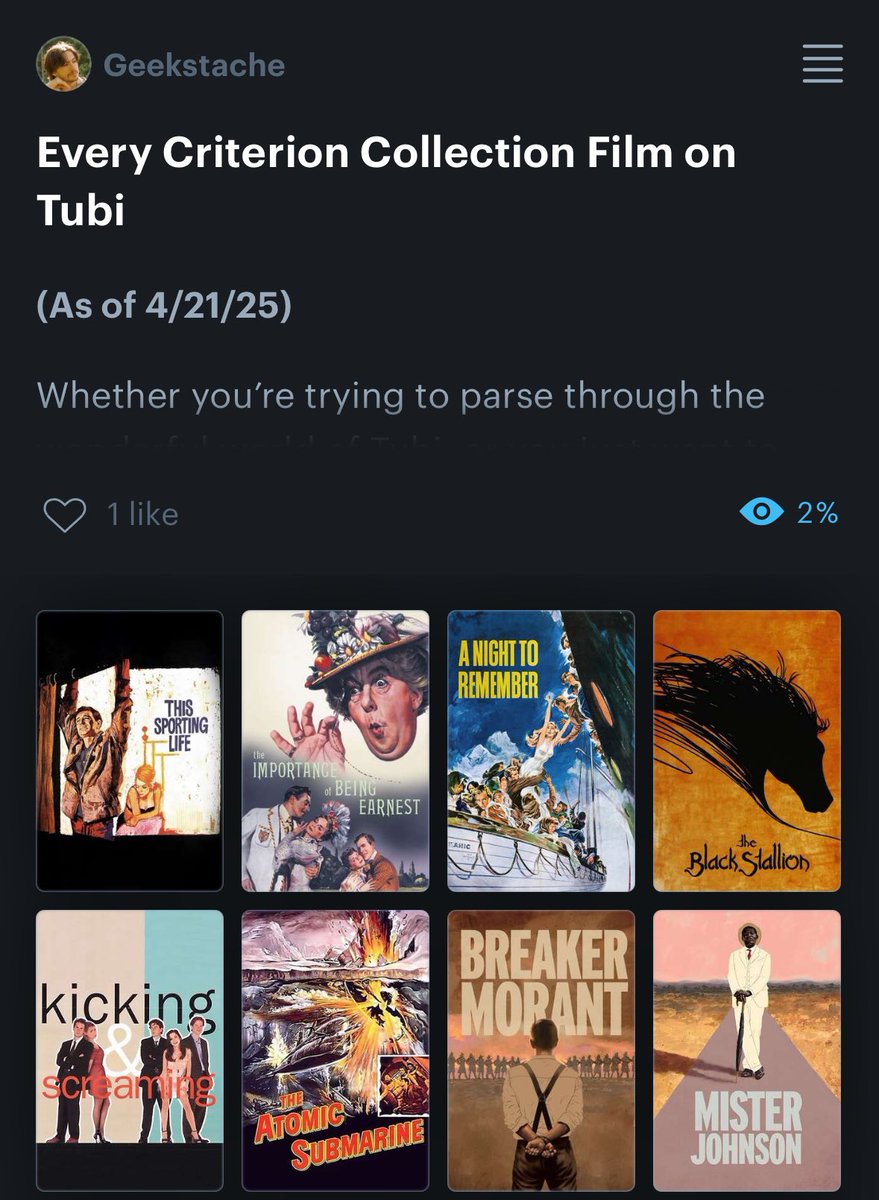 Presenting… Every Criterion Collection Film on Tubi

After having no luck finding a comprehensive list of Criterion films on everyone’s favorite free streaming service, I decided to make one myself on <a href="/letterboxd/">Letterboxd</a>. There’s a whopping 144… Enjoy!

boxd.it/FSjnc