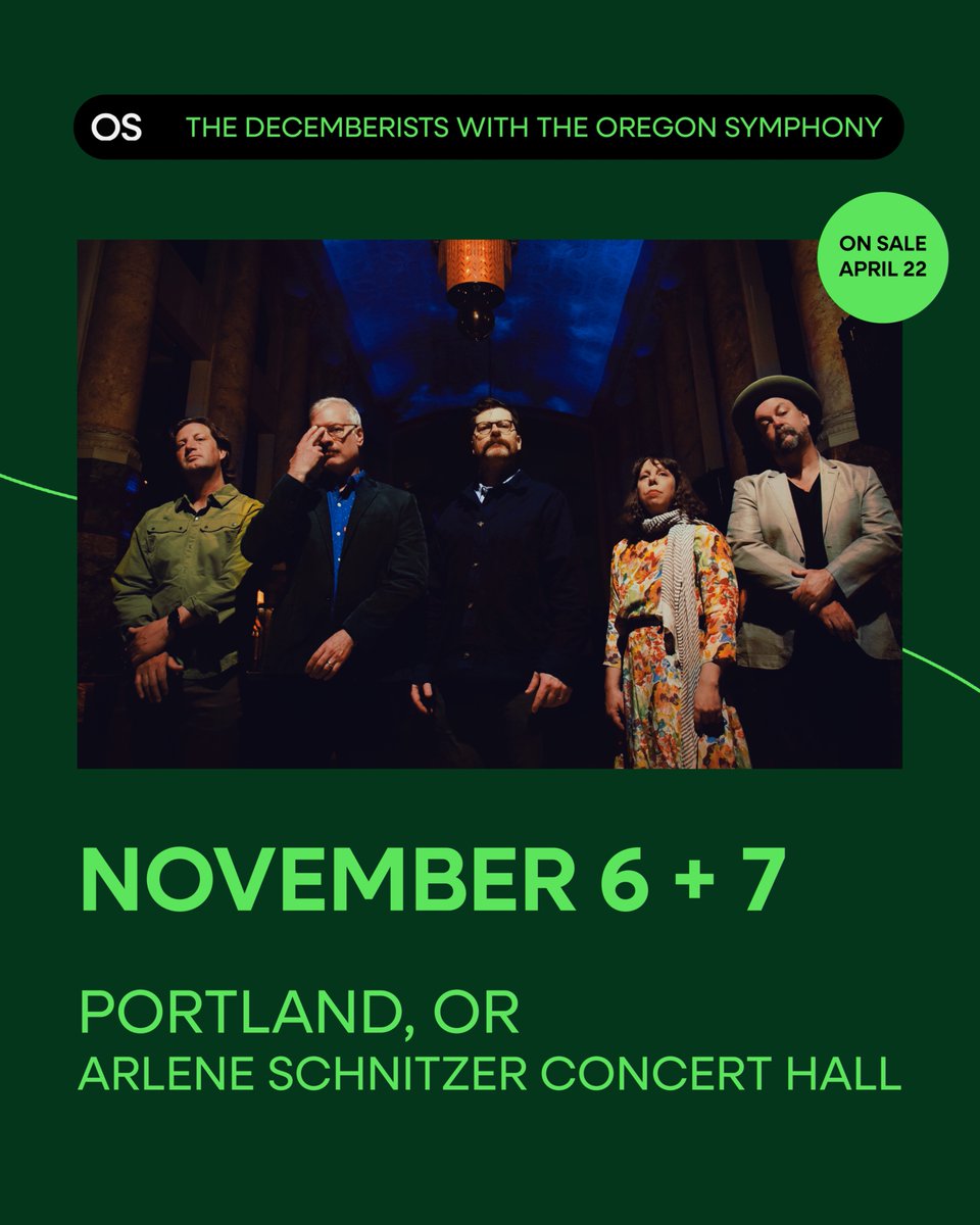 The Decemberists (@thedecemberists) on Twitter photo ON-SALE ALERT. Tickets for The Decemberists November 6 + 7 shows with the <a href="/OregonSymphony/">Oregon Symphony</a> go on sale tomorrow, 4.22 at 10am PT.
The last time we performed with an orchestra was in 2007, and we canāt wait to do it again this fall. See all the details at Decemberists.com. ON-SALE ALERT. Tickets for The Decemberists November 6 + 7 shows with the <a href="/OregonSymphony/">Oregon Symphony</a> go on sale tomorrow, 4.22 at 10am PT.
The last time we performed with an orchestra was in 2007, and we canāt wait to do it again this fall. See all the details at Decemberists.com.