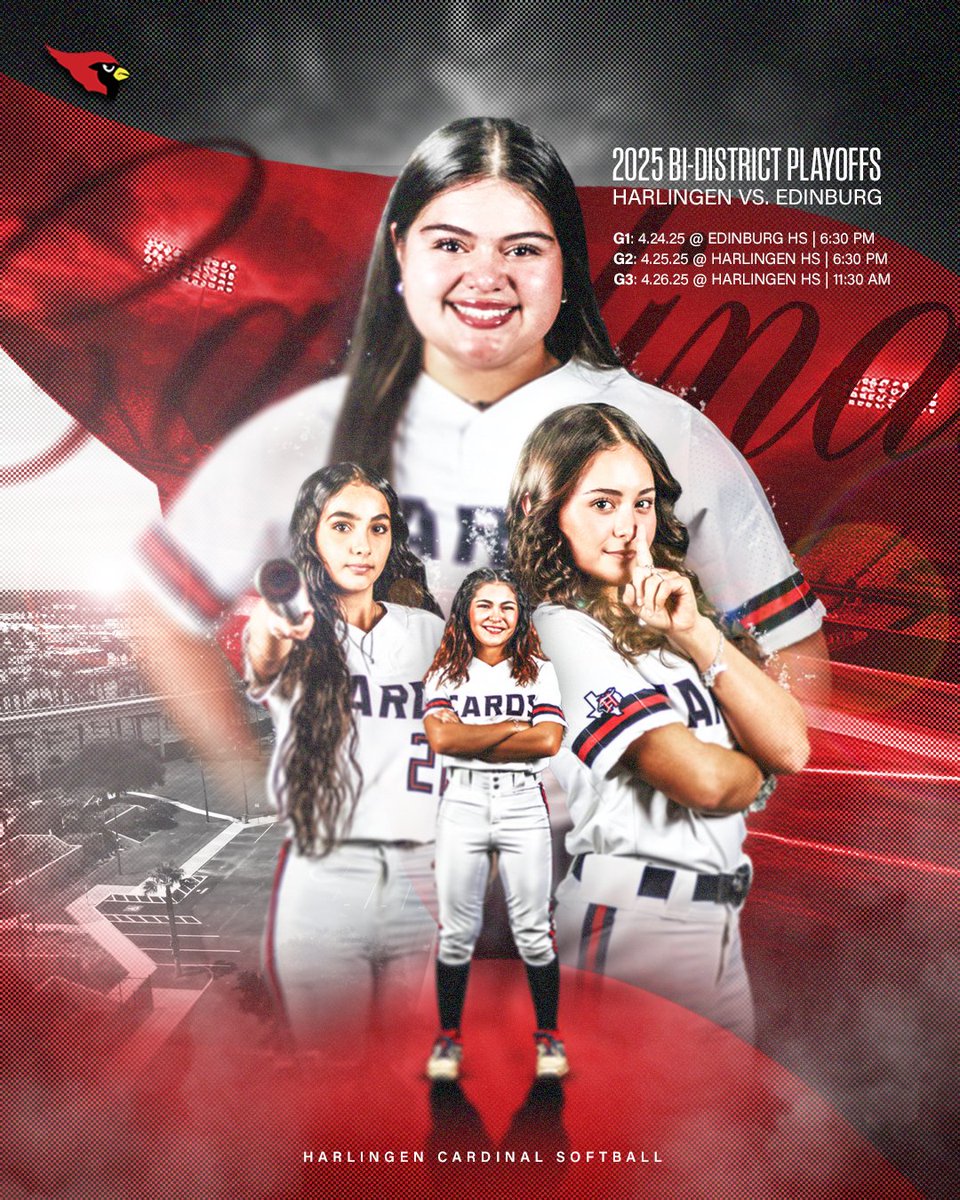 The 2025 Bi-District Playoffs are here Cardinal Fans! Go out and show your support!

Harlingen Vs. Edinburg
Game 1: Thurs, April 24th 2025 @ 6:30pm (@ Edinburg HS)
Game 2: Fri, April 25th 2025 @ 6:30pm (@ Harlingen HS)
Game 3 (if needed): Sat, April 26th @ 1130am (@ Harlingen HS)