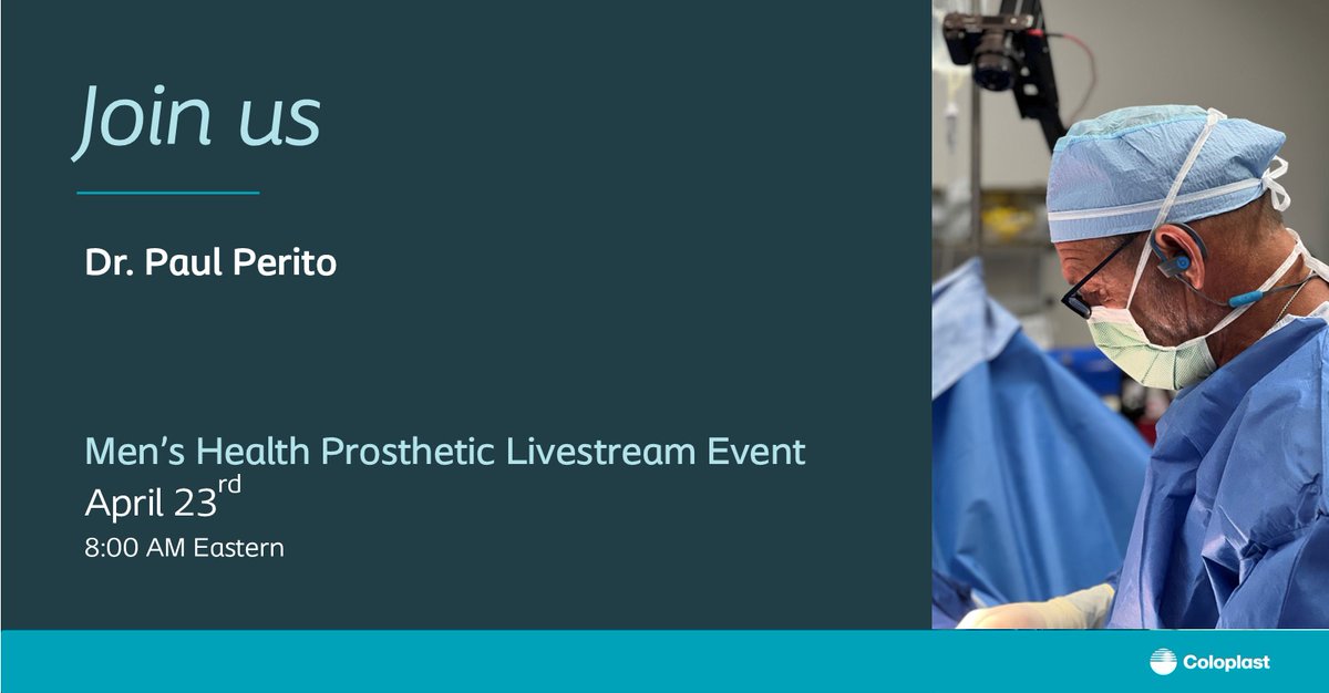#Coloplast is proud to partner with Dr. Paul Perito (<a href="/DrPaulPerito/">Perito Urology</a> ) for a Men's Health Prosthetic Livestream to teach urologists internationally.

To sign up, click here: cvent.me/EREmYP

#UroSoMe #Urology #MensHealth