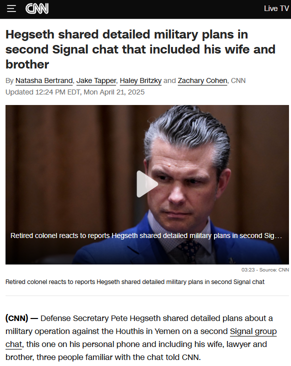 Repeated national security offender, Pete Hegseth (<a href="/PeteHegseth/">Pete Hegseth</a> ) shared detailed military plans in a second Signal chat. Half a dozen of his staffed stepped down, meanwhile he's ranting on TV instead of taking personal accountability for his actions. He's a national disgrace.