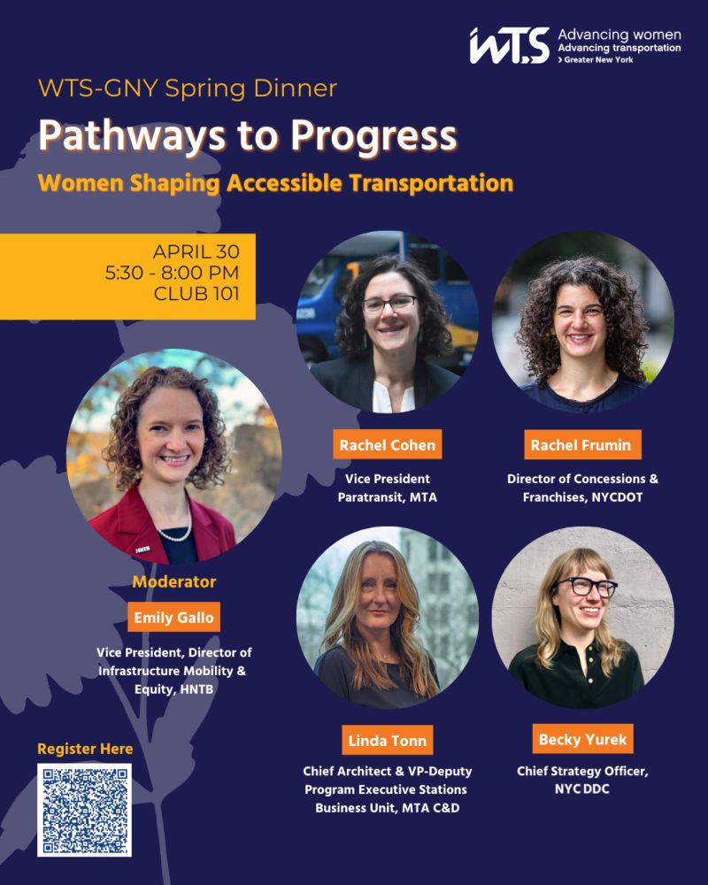 Please join the WTS Greater New York Chapter on Wednesday, April 30th for our Spring Dinner panel:
 🌟 Pathways to Progress: Women Shaping Accessible Transportation
We’re bringing together a distinguished panel of industry leaders...