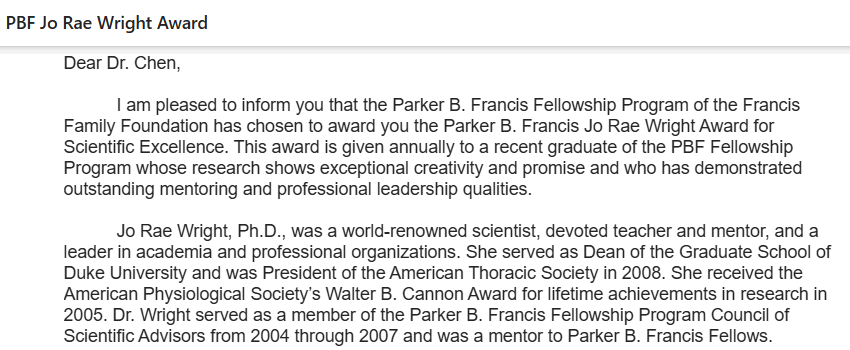 Honored to receive the Parker B. Francis Jo Rae Wright Award for Scientific Excellence. Deeply grateful to the Francis Family Foundation for this recognition and for supporting early career investigators. Inspired by Dr. Wright’s legacy as a scientist, mentor, and leader.