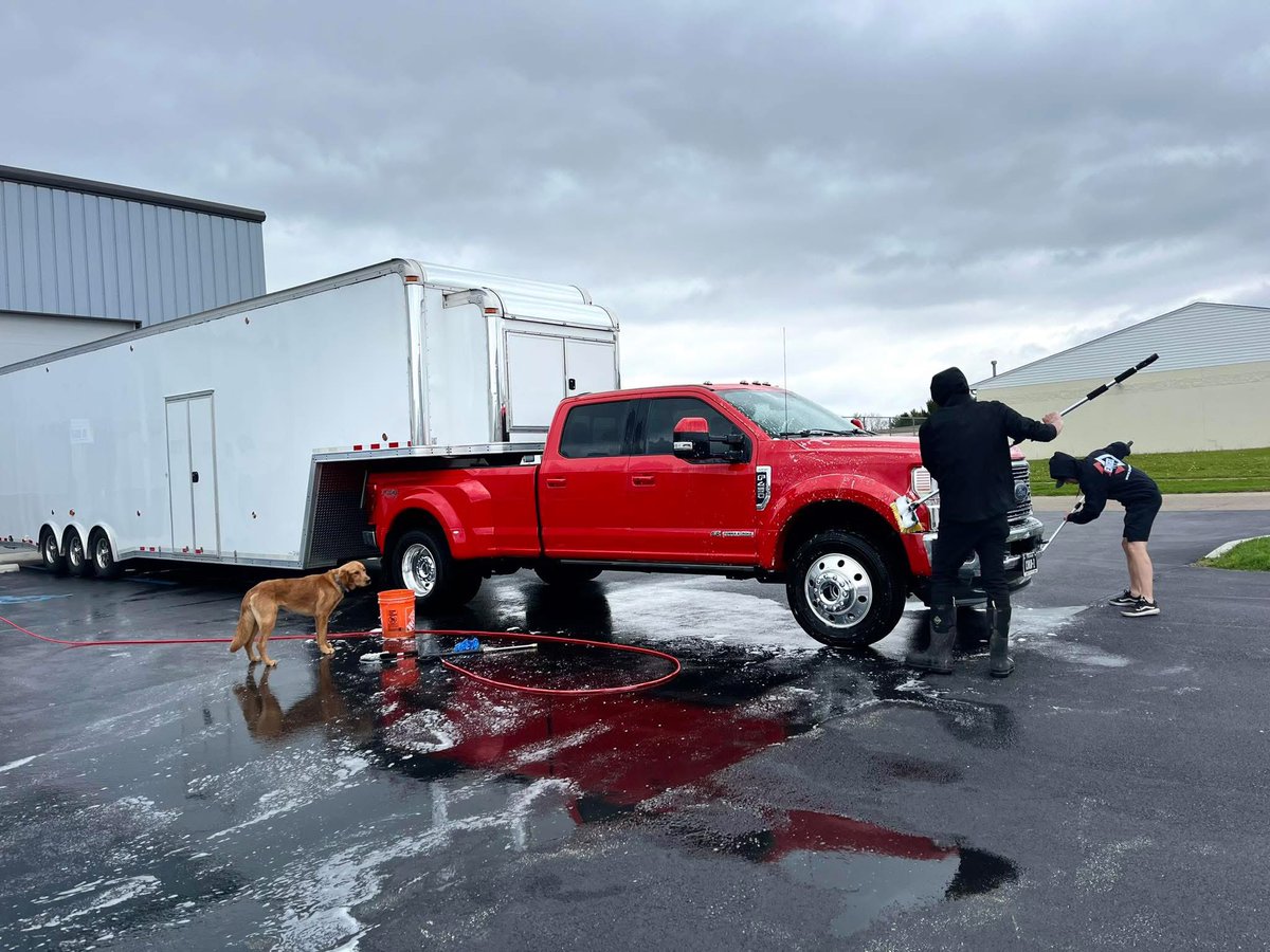 Getting Big Red all cleaned up and a proper shine before we hit the road again! Gotta keep the rig looking fresh during race season. 🧼
