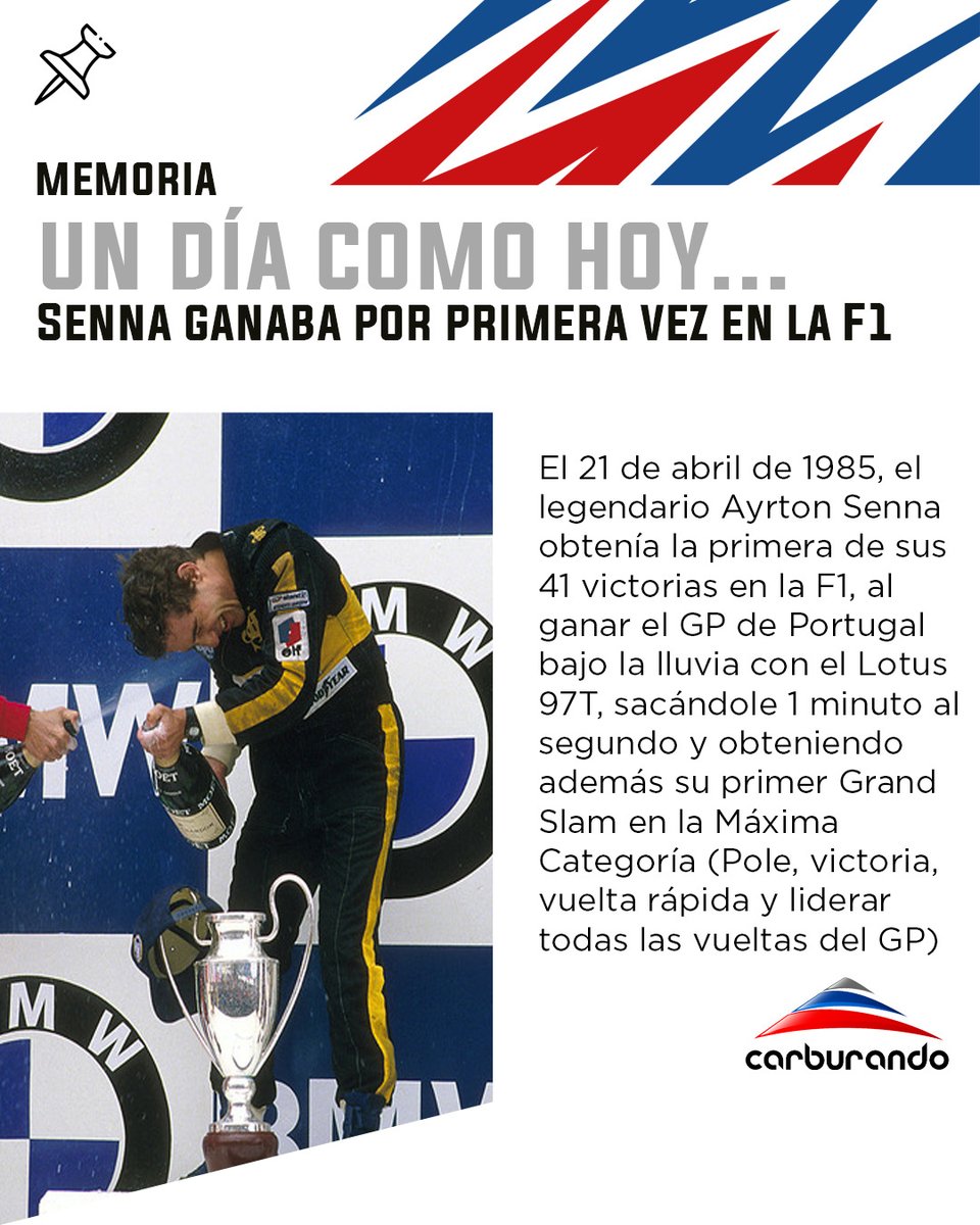 CarburandoTV's tweet photo. 🔙🥇Hoy se cumplen 40 años del primer triunfo de una leyenda en la Fórmula 1 como lo fue y es Ayrton Senna.

El brasileño acumuló 41 victorias, 80 podios, 65 poles, 19 vueltas rápidas y 3 títulos mundiales (1988, 1990 y 1991) antes de su trágico fallecimiento en 1994.

#Senna #F1 https://t.co/lJsHI1rYOK