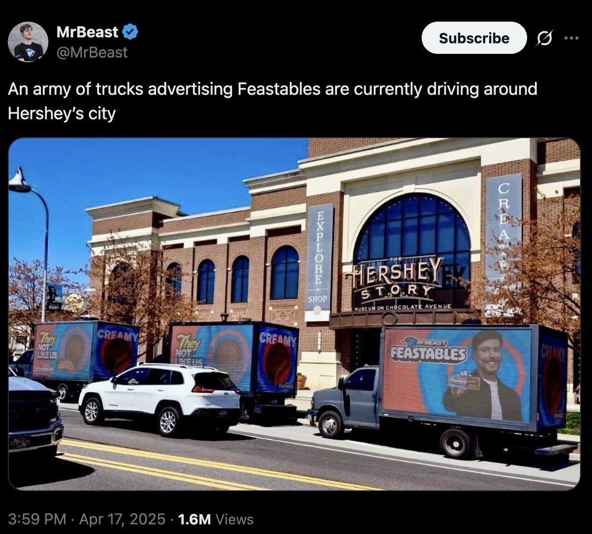 Tshea0314's tweet photo. Shoutout to @BRappy55 &amp; @QuanMG for sending @Feastables trucks to Hershey, PA—hilarious &amp; genius! A perfect example of using OOH on wheels to create magic by showing up at the right place, right time. Brilliant work! 🐣🍫 #Feastables #OOH https://t.co/A4Em8KDFCt