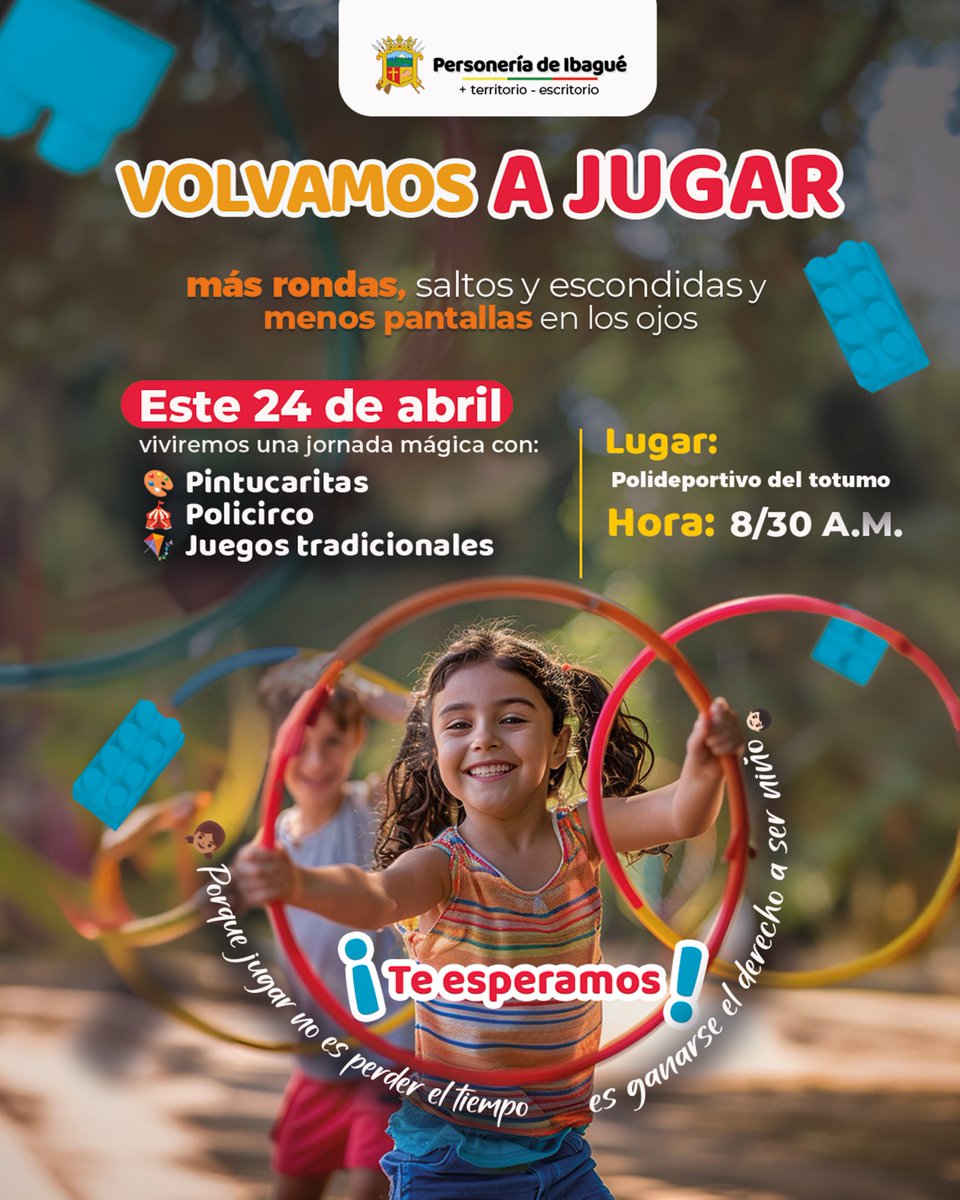 🎈¡Volvamos a jugar!
Más rondas, saltos y escondidas… y menos pantallas en los ojos.
Este 24 de abril, celebremos el Día de la Niñez con pintucaritas, juegos y mucha alegría.
Porque jugar también es un derecho.
#VolvamosAJugar #DíaDeLaNiñez #PersoneríaDeIbagué