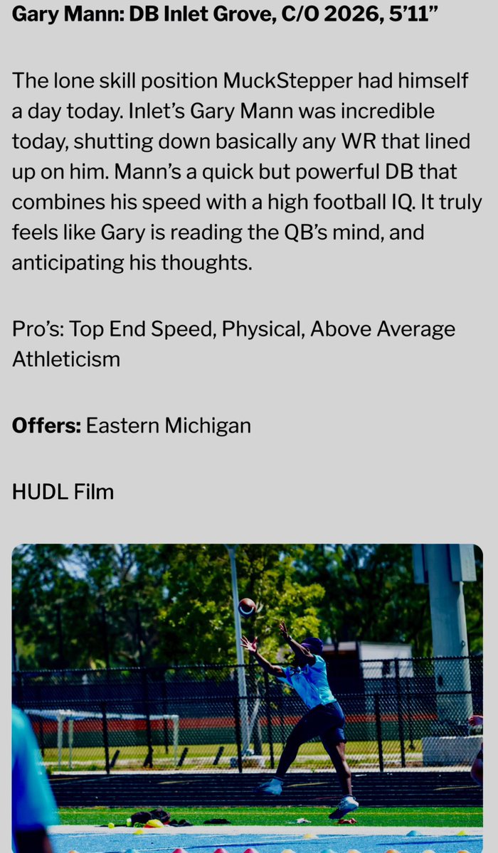 Gary Mann (@garymann_008) on Twitter photo After a great performance at the 561 showcase. I’m thankful to receive a write up for one of the top Standouts from the camp
<a href="/CP_Photo2004/">Christian Proscia</a> <a href="/EraPrep/">New Era Prep</a> <a href="/InletGroveFB/">Inlet Grove</a> <a href="/RemingtonYoung/">Remington Young</a> <a href="/561showcase/">561 Sports</a> <a href="/ESPNTop63/">ESPN Top 63</a> After a great performance at the 561 showcase. I’m thankful to receive a write up for one of the top Standouts from the camp
<a href="/CP_Photo2004/">Christian Proscia</a> <a href="/EraPrep/">New Era Prep</a> <a href="/InletGroveFB/">Inlet Grove</a> <a href="/RemingtonYoung/">Remington Young</a> <a href="/561showcase/">561 Sports</a> <a href="/ESPNTop63/">ESPN Top 63</a>