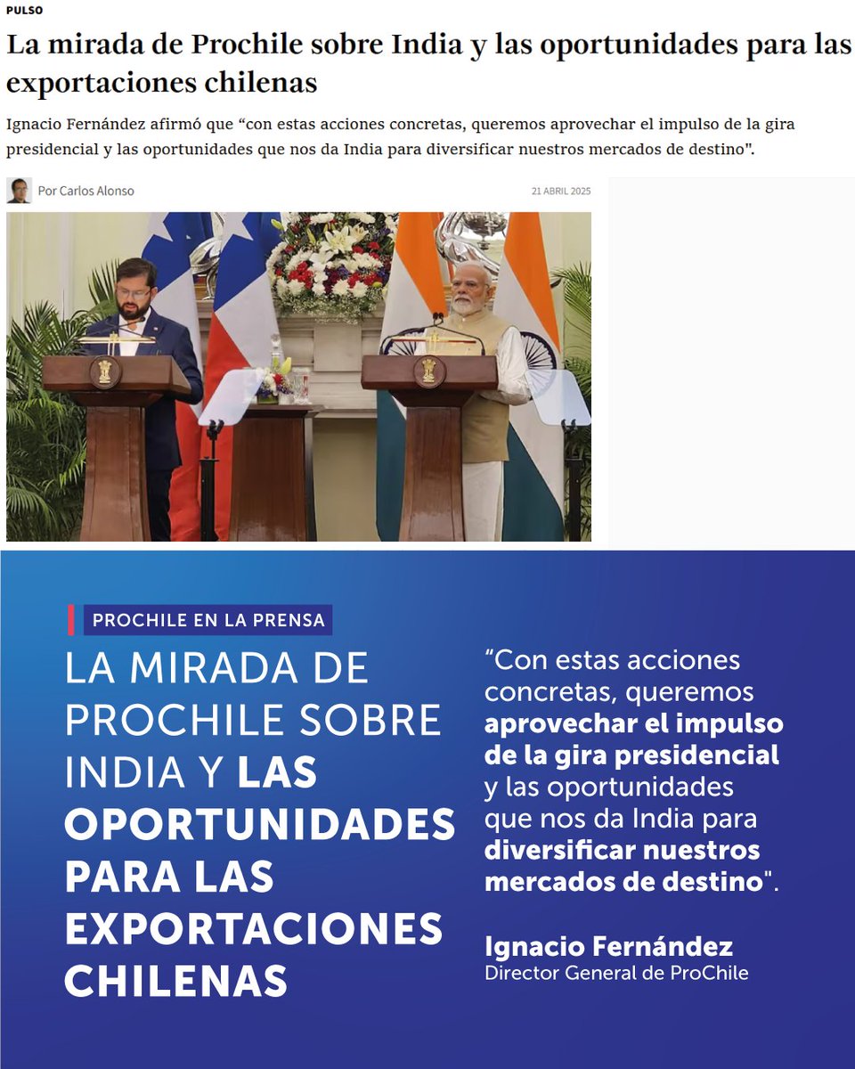"La mirada de ProChile sobre India y las oportunidades para las exportaciones chilenas"
En 📰<a href="/Pulso_LT/">LT Pulso</a>, Ignacio Fernández, Director General de ProChile, se refirió a las acciones que realizamos para diversificar los mercados de destino y el trabajo en 🇮🇳→n9.cl/e0tku