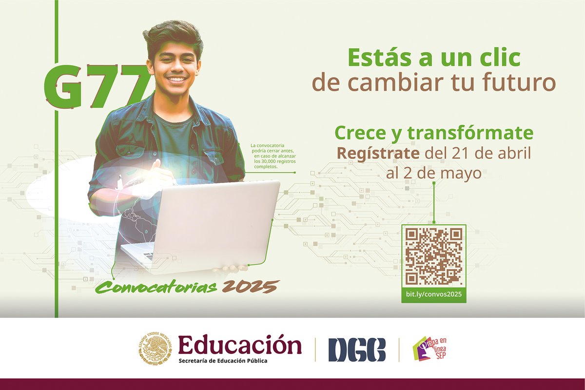 📣 ¡La convocatoria de <a href="/PrepaLineaSEP/">Prepa en Línea-SEP</a> #G77  ya está abierta! Estudia gratis, desde casa y a tu ritmo. 🤓💻

🔗 Checa los detalles: prepaenlinea.sep.gob.mx

#Convocatorias2025PLSEP