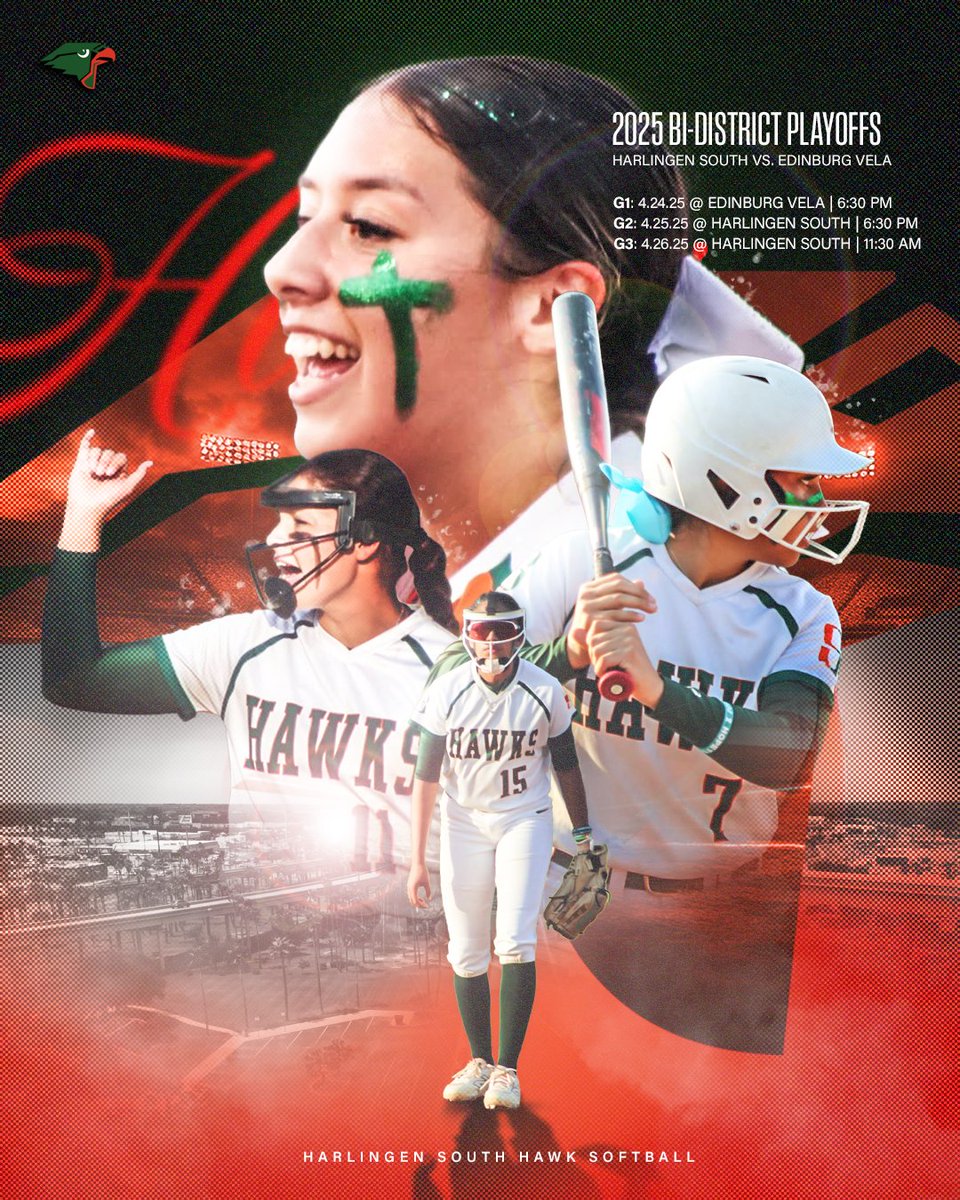 The 2025 Bi-District Playoffs are here South Hawk Fans! 

Harlingen South Vs. Edinburg Vela
Game 1: Thurs, April 24th 2025 @ 6:30pm (@ Edinburg Vela)
Game 2: Fri, April 25th 2025 @ 6:30pm (@ Harlingen South)
Game 3 (if needed): Sat, April 26th @ 11:30am (@ Harlingen South)