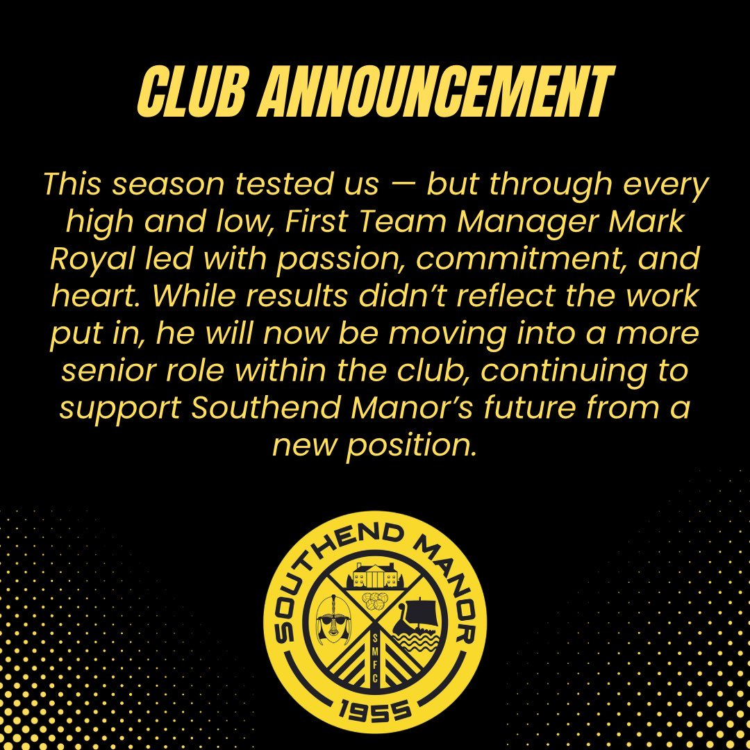 It’s been very testing this season but want to thank all players who have played under me this season and all coaches and especially My assistant Dave Dawson and the Chairman.  <a href="/SouthendManorFC/">Southend Manor FC</a> has lots to offer I’m hoping I can help get the club to where it wants to be. ⚽️💛⚽️🖤