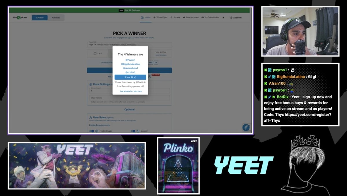 Winners draw live on kick.com/ThyxLive are 

<a href="/crydoo1/">crydoo</a>
<a href="/Psyros1/">PSY 😎</a>
<a href="/ezdubsbaby1/">ezdubsbaby</a>
<a href="/BiggBundaLatina/">Big bunda latina</a> 

1. Open a support ticket on our dc 
discord.gg/buuVwDmq

2. Send me your Yeet usdt trc20 wallet 

❤️