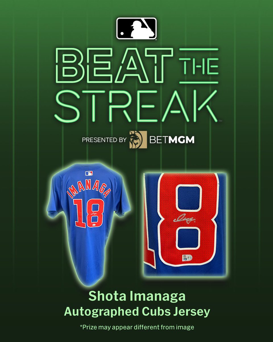 MLB's tweet image. Shota Imanaga has been on 🔥 to start the year!

Here&apos;s your opportunity to win his autographed Cubs jersey.

For the 2025 season, we&apos;ll be offering up a unique weekly prize that Beat the Streak users may receive with an active streak of 10 or more!

Get your streak started today…