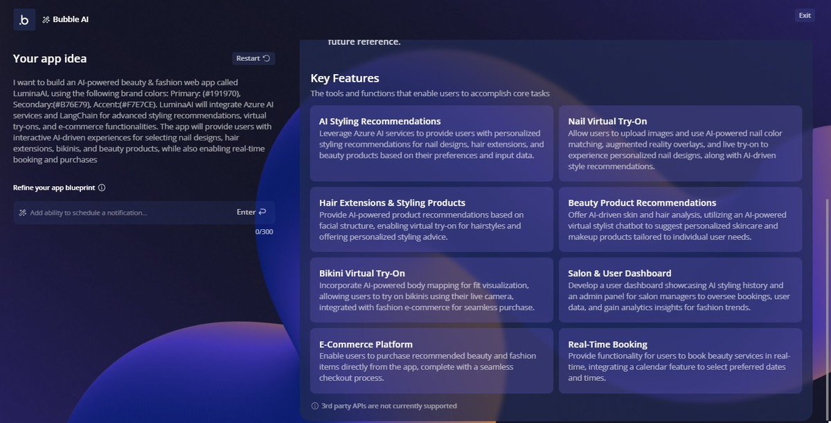 bytesfang's tweet photo. 💡 LuminaAI: AI-Powered Nail Styling in the #BubbleAI Build Challenge! 
🔹Excited to showcase LuminaAI, my AI-driven Nail Virtual Try-On app built using https://t.co/cNwzTr4df0's AI generator!
 🔹I started with the prompt in the image attached👇 https://t.co/Ia9gpzZiyq
