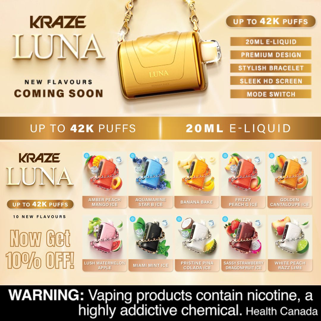 VapeKingdomCa's tweet photo. 🔥Unlock 10% off when you order Kraze Luna 42K now!

⚪️Packed with 42,000 puffs
⚪️2-in-1 Airflow &amp; Mode Switch
⚪️Interactive HD screen

💡Learn more at https://t.co/MOAbH43SC2

 ✈️Free shipping on orders over $49
#KrazeLuna #VapeLife #Kraze #vapekingdom #vapeonline https://t.co/lnukJkdVNV