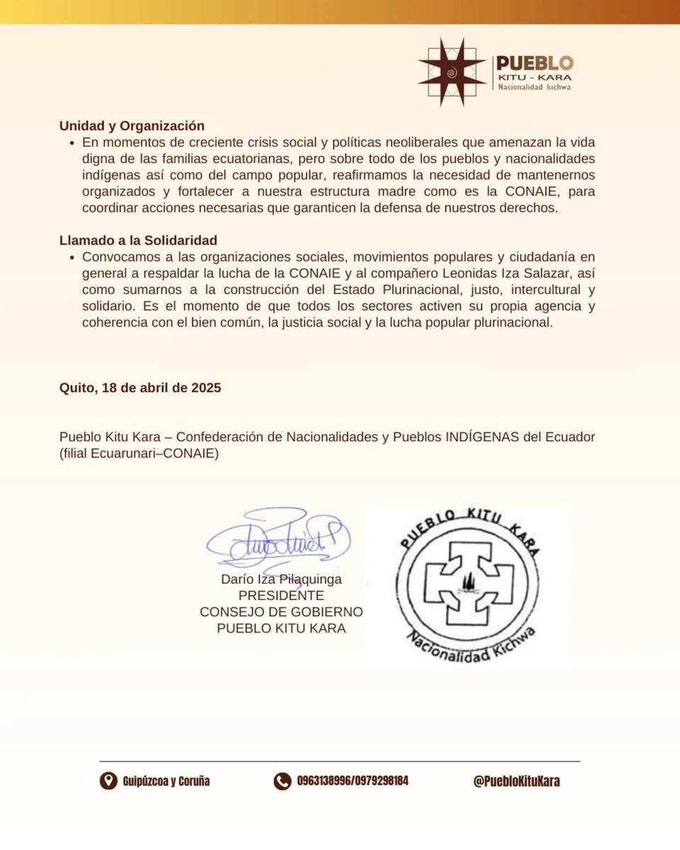 El <a href="/PuebloKitu/">Pueblo Kitu Kara</a> expresa expresa su firme respaldo a la lucha de la CONAIE y al liderazgo de <a href="/LeonidasIzaEc/">Leonidas Iza Salazar</a>. Reafirma su compromiso con los procesos organizativos de nuestra estructura y hace un llamado a la unidad, organización y solidaridad para defender los derechos colectivos y