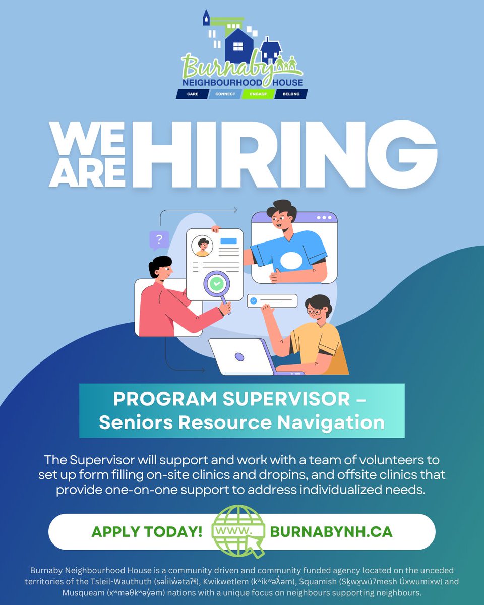 🌟 BNH is seeking a Program Supervisor to support and expand access to essential services for vulnerable seniors in our community🤝. This part-time role is based across our three locations and various off-site clinics🏠.

💚To Apply: 🔗burnabynh.ca💙