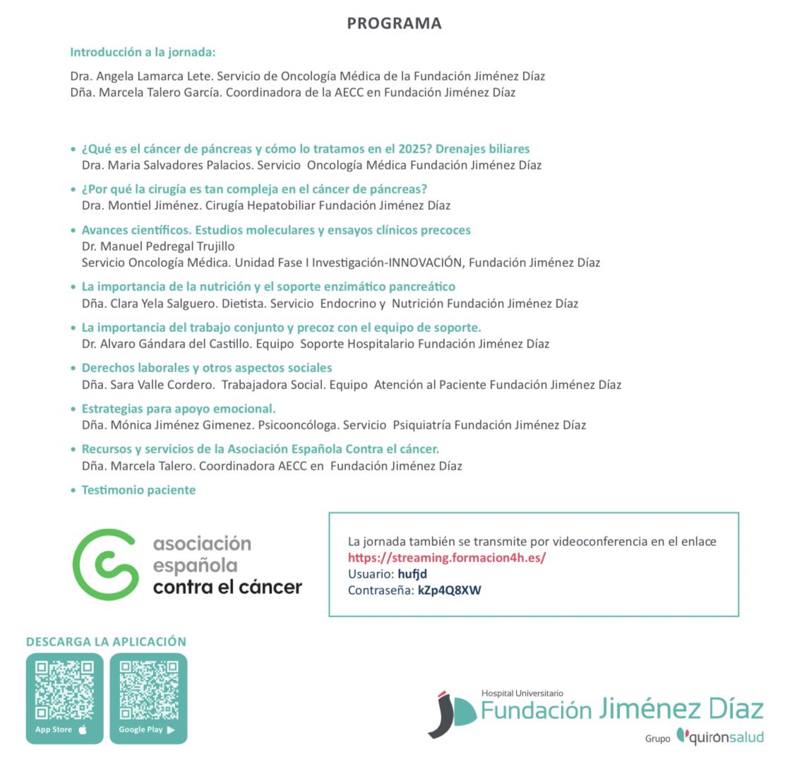 Angela Lamarca (@drangelalamarca) on Twitter photo Únete a este evento dedicado a pacientes y cuidadores en <a href="/Hospital_FJD/">Fundación Jiménez Díaz</a> organizado junto con <a href="/ContraCancerEs/">Asociación Española Contra el Cáncer</a>
24 Abril - te esperamos 😊
Hablaremos del #CancerDePancreas
Expertos en el tema 👩🏻⚕️👨⚕️🩺preparados para responder a todas tus preguntas 🙋🏻♀️🙋
<a href="/mpedregal/">Manuel Pedregal</a> <a href="/cirujanayhumana/">Cirujana y Humana</a> Únete a este evento dedicado a pacientes y cuidadores en <a href="/Hospital_FJD/">Fundación Jiménez Díaz</a> organizado junto con <a href="/ContraCancerEs/">Asociación Española Contra el Cáncer</a>
24 Abril - te esperamos 😊
Hablaremos del #CancerDePancreas
Expertos en el tema 👩🏻⚕️👨⚕️🩺preparados para responder a todas tus preguntas 🙋🏻♀️🙋
<a href="/mpedregal/">Manuel Pedregal</a> <a href="/cirujanayhumana/">Cirujana y Humana</a>