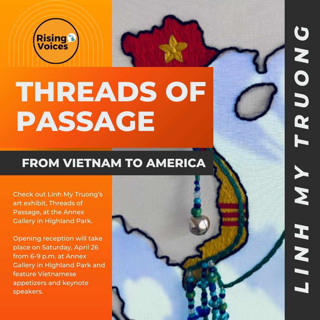 Join us for the opening reception of Linh My Truong’s art exhibit, Threads of Passage, on Saturday, April 26 from 6-9 p.m. at the Annex Gallery in Highland Park. The exhibit will be on display through May 18!