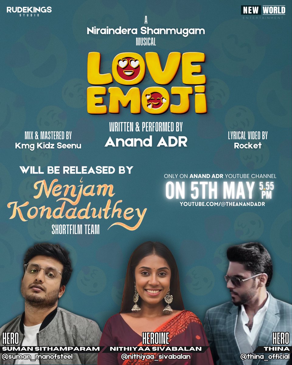 anandadrmusic's tweet photo. Boom 💥
Yeah finally we’re coming with Love Emoji Music Video Release Date and Time 😍
It’s gonna be worth the wait for whoever waiting for this 🤩

Huge and heartfull thanks to Nenjam Kondaduthey ShortFilm Team for launching our song 🚀 https://t.co/JBcLW1cvNF
