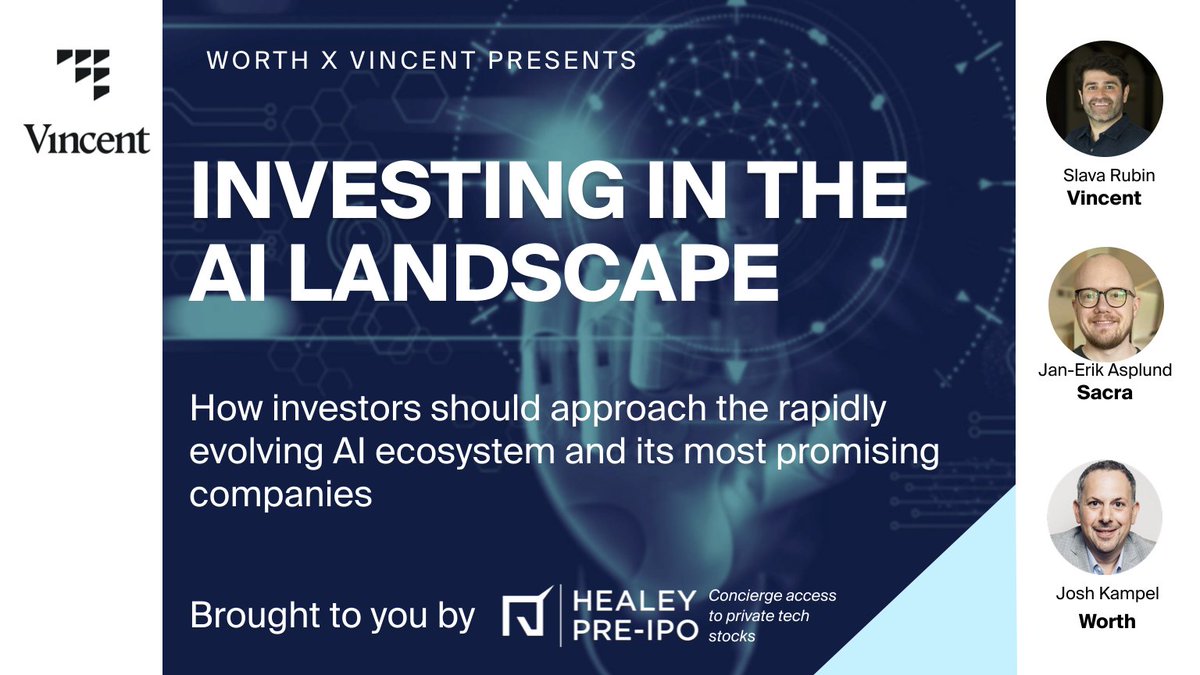 DiscoverVincent's tweet image. Reminder, our AI investing event is tomorrow at 12 PM ET.
Register here:
us06web.zoom.us/webinar/regist…
Sponsored by HEALEY PRE-IPO: Concierge access to private tech stocks. Founded by specialist Pre-IPO broker Christine Healey.
healeypreipo.com/sign-up