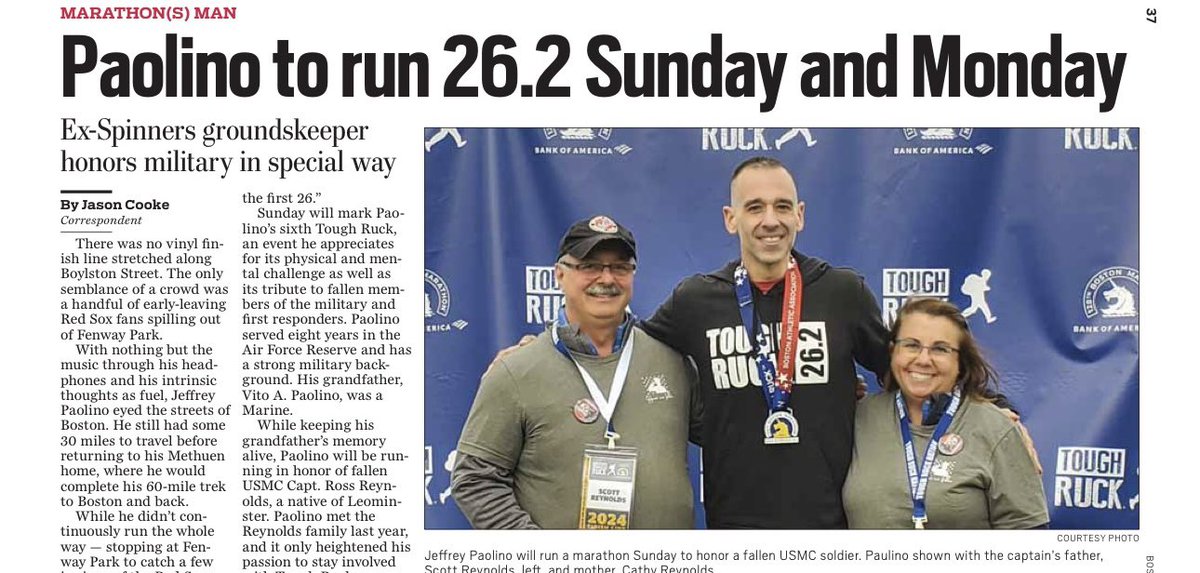 Methuen’s Jeff Paolino cruises to a 5:07:28 in today’s Boston Marathon — 24 hours after yesterday’s 26.2-mile Tough Ruck.

In today’s Herald: 

bostonherald.com/2025/04/20/hon…