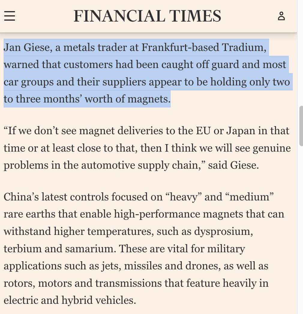 Spoke with many in the defense supply chain last week concerned about the critical mineral pause in China -- but the impacts could be much broader, autos and more