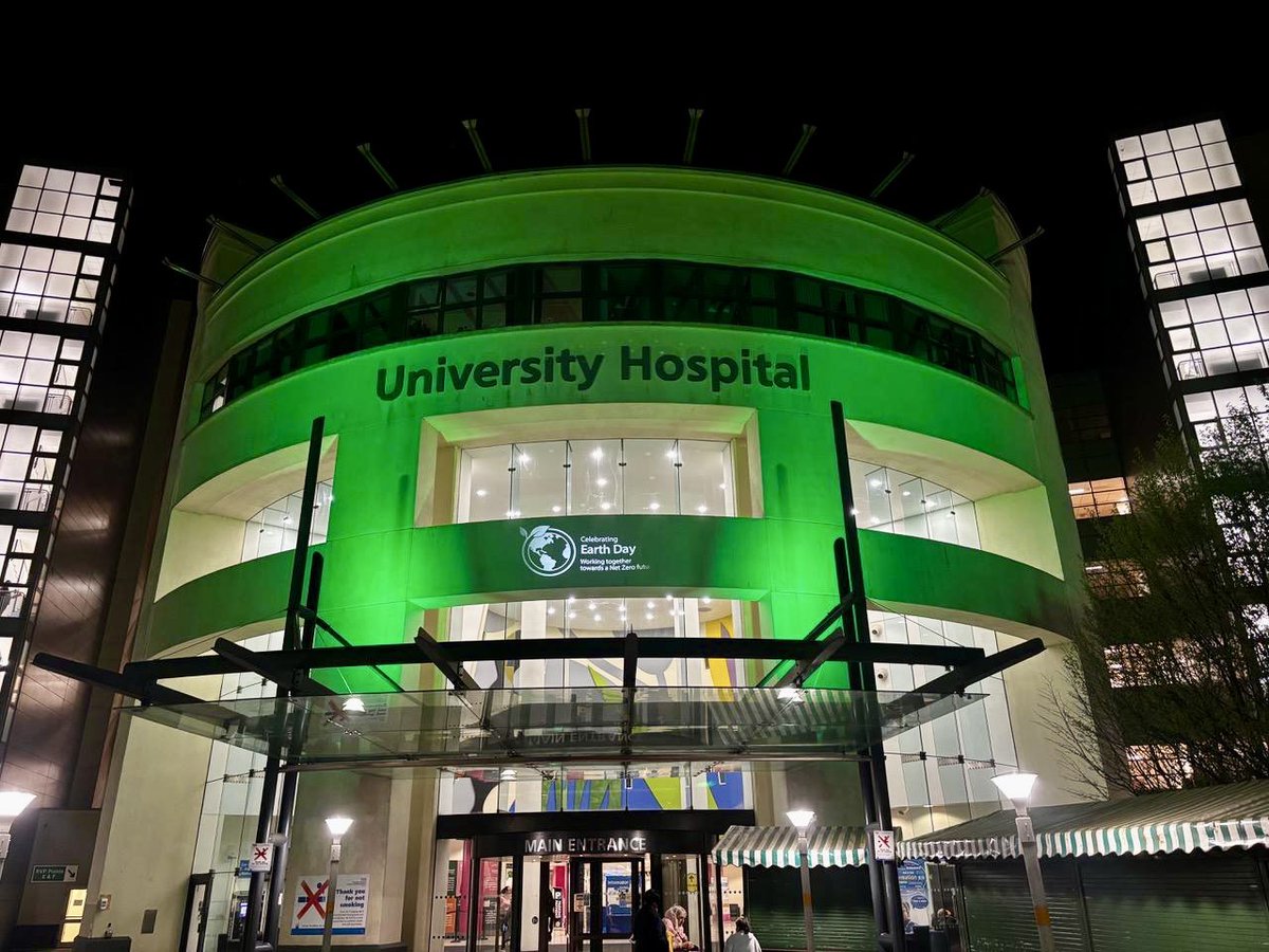 We’ve lit up the hospital green to acknowledge all the brilliant work <a href="/nhsuhcw/">UHCW NHS Trust</a> is doing in aid of Net Zero for #EarthDay 
<a href="/LizGreenODP/">Elizabeth Fitzhugh RODP BSc(Hons) MSc</a> <a href="/cliverobinson8/">Clive Robinson</a> <a href="/BenWiddowson1/">Ben Widdowson</a> <a href="/GreenED_uk/">GreenED</a>
