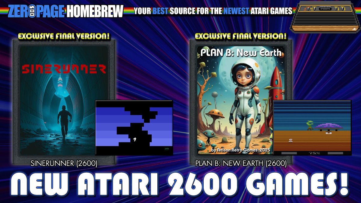 zeropagehomebre's tweet image. We play TWO EXCLUSIVE FINAL new #atari2600 games tomorrow on @zeropagehomebre, Sinerunner and Plan B: New Earth! See you in the Twitch chat!
WATCH LIVE TOMORROW @ 6PM PT/9PM ET: twitch.tv/zeropagehomebr…