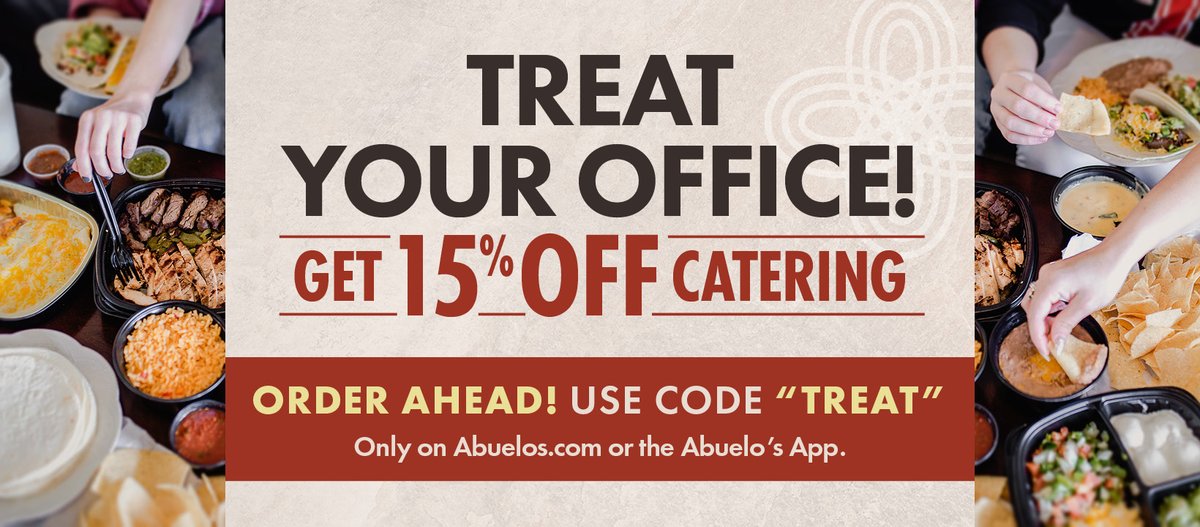 BizSwell (@bizswell) on Twitter photo Planning an office party? Why not cater your next event with the flavors of Mexico?
<a href="/EatAbuelos/">Abuelo's Mexican Restaurant</a> is offering 15% off catering for a limited time! Order ahead w/ promo code "TREAT" and make your next office function one to remember. abuelos.com/catering/
#MexicanCatering #Ad Planning an office party? Why not cater your next event with the flavors of Mexico?
<a href="/EatAbuelos/">Abuelo's Mexican Restaurant</a> is offering 15% off catering for a limited time! Order ahead w/ promo code "TREAT" and make your next office function one to remember. abuelos.com/catering/
#MexicanCatering #Ad